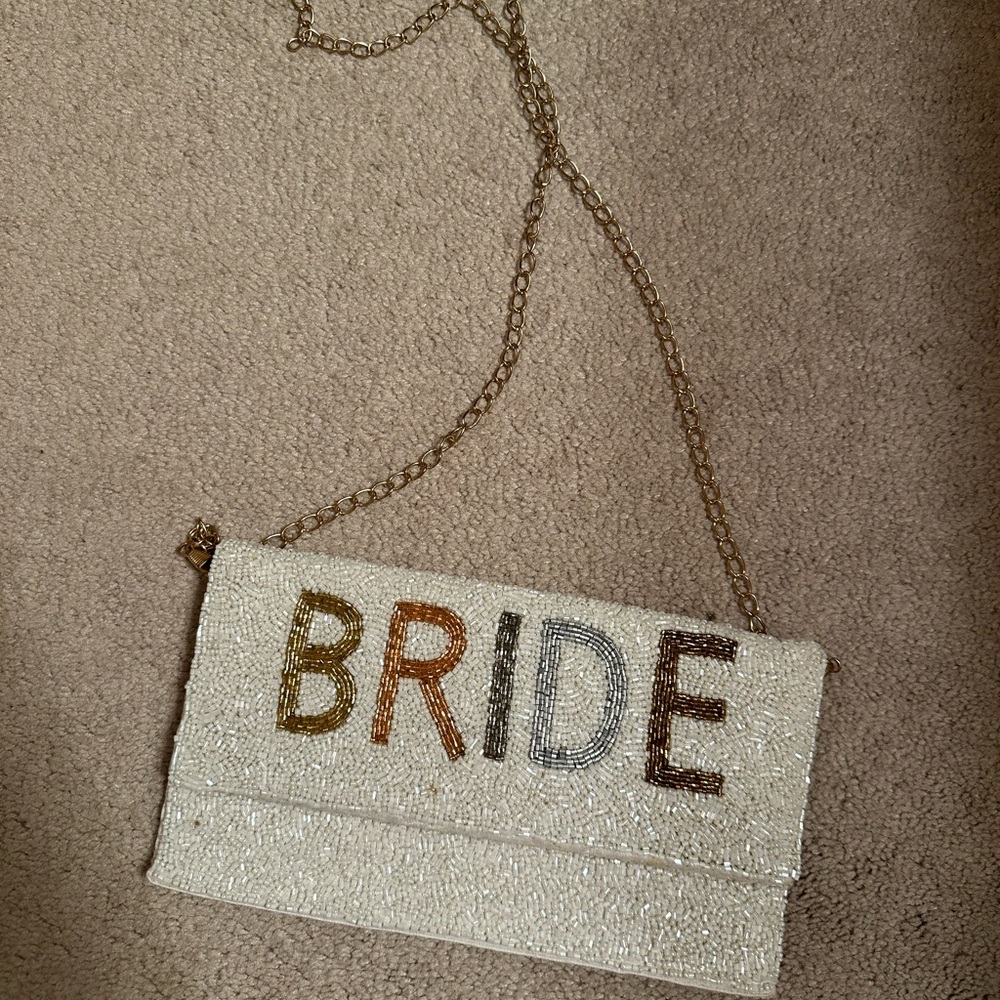 BRIDE Beaded White Clutch with Multicolor Lettering